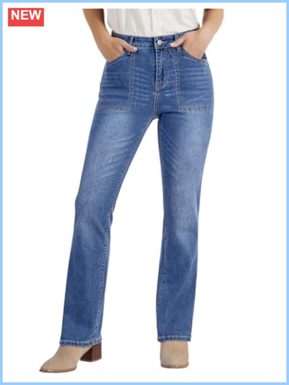 High Waisted Bootcut Stretchy Denim Jeans Patch Pocket Trousers